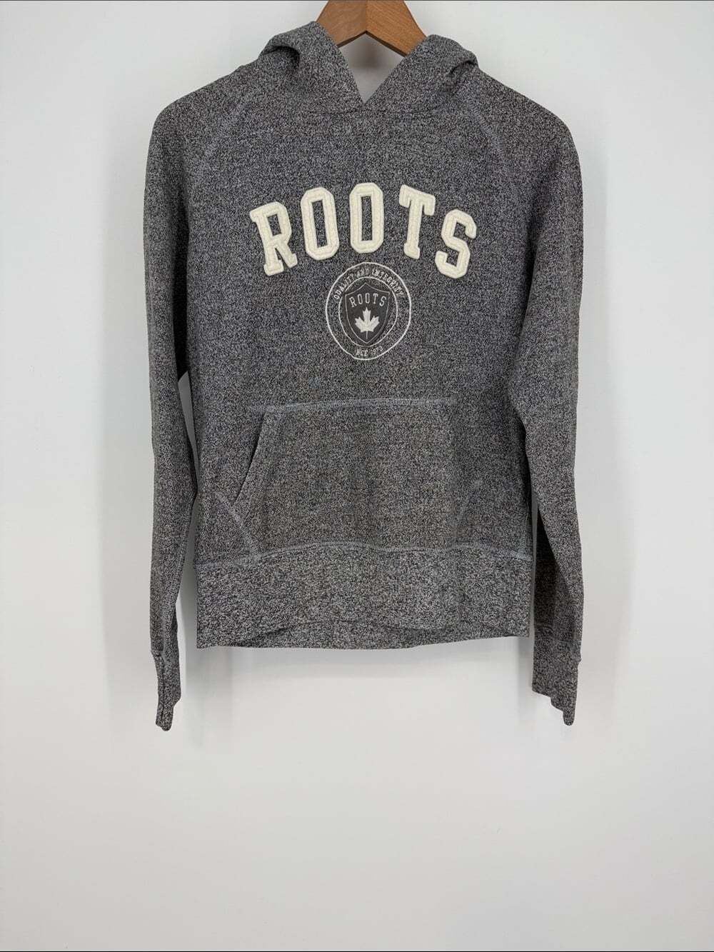 Roots Heather Gray Logo Hoodie with Cream Lettering